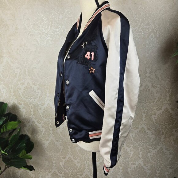 Coach Size 2 Reversible Bomber Varsity Jacket Navy White Penguin  Snap Front - Picture 7 of 16